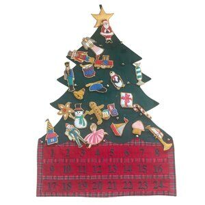 Vintage Fabric Christmas Tree Advent Calendar Pockets Embroidered Ornaments